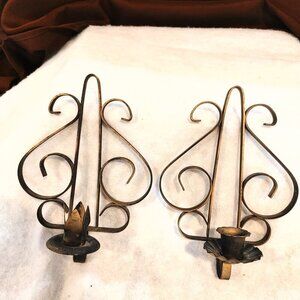 Gold Tone Wrought Iron Wall Candle Sconces - Set of 2